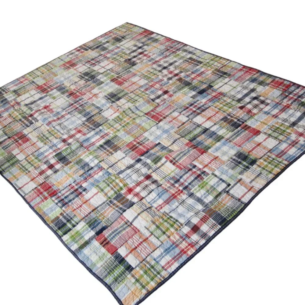Pottery Barn Madras Plaid Patchwork Full Queen Quilt w 2 Shams Red Blue Green